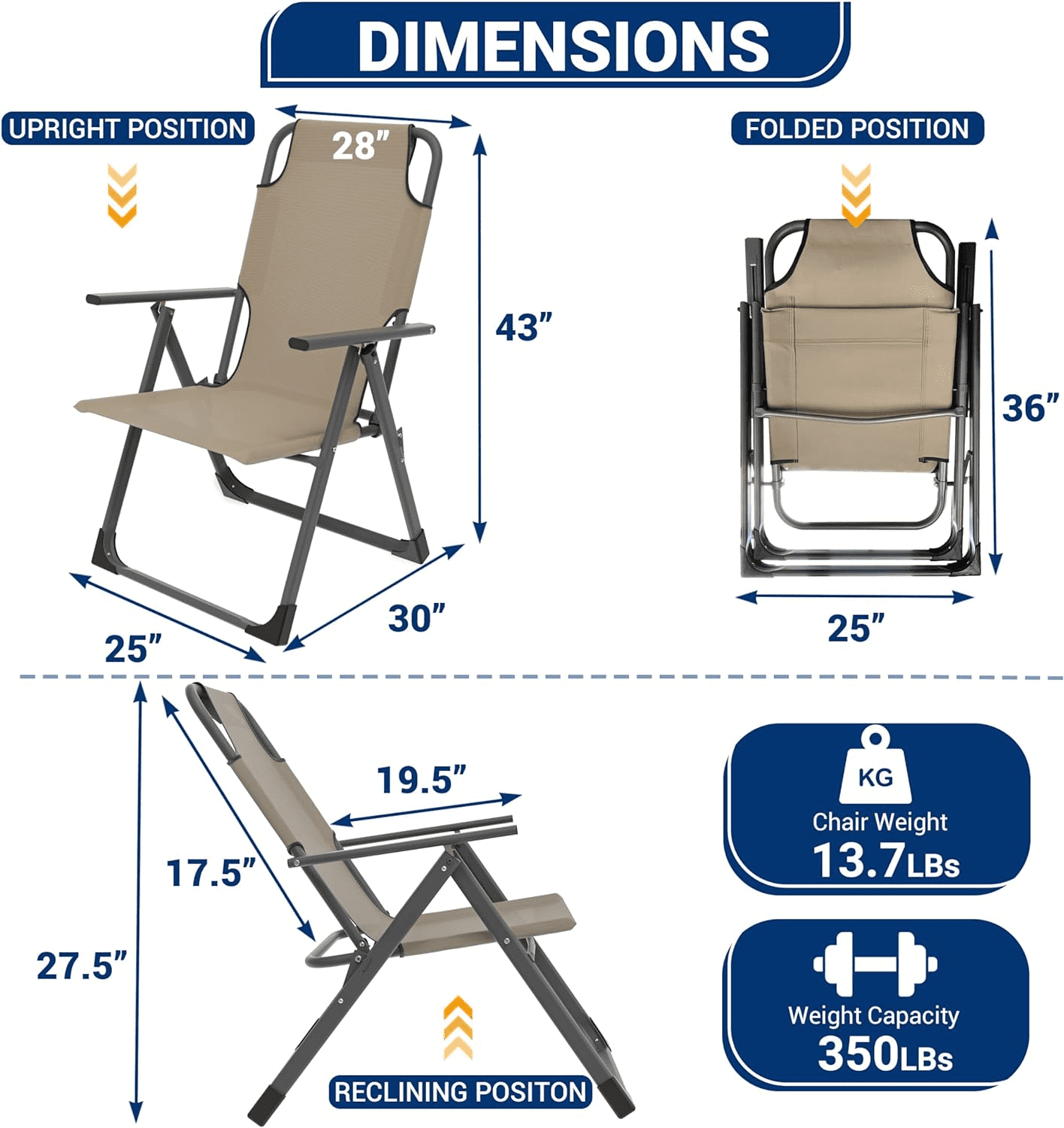Amopatio Outdoor Folding Patio Sling Chairs Set of 2, Heavy Duty Adjustable Recliner, Folding Chairs for Outdoor Camping Garden, Support 300LB