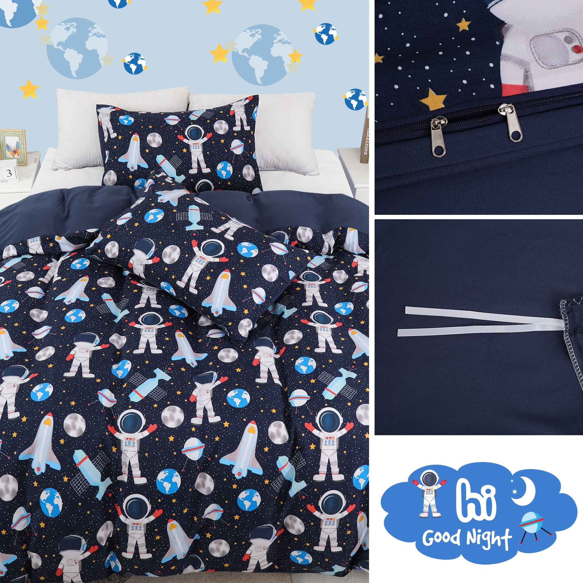 Unique Bargains 5 Piece Polyester Space Astronaut Pattern Kid Bedding Set Queen