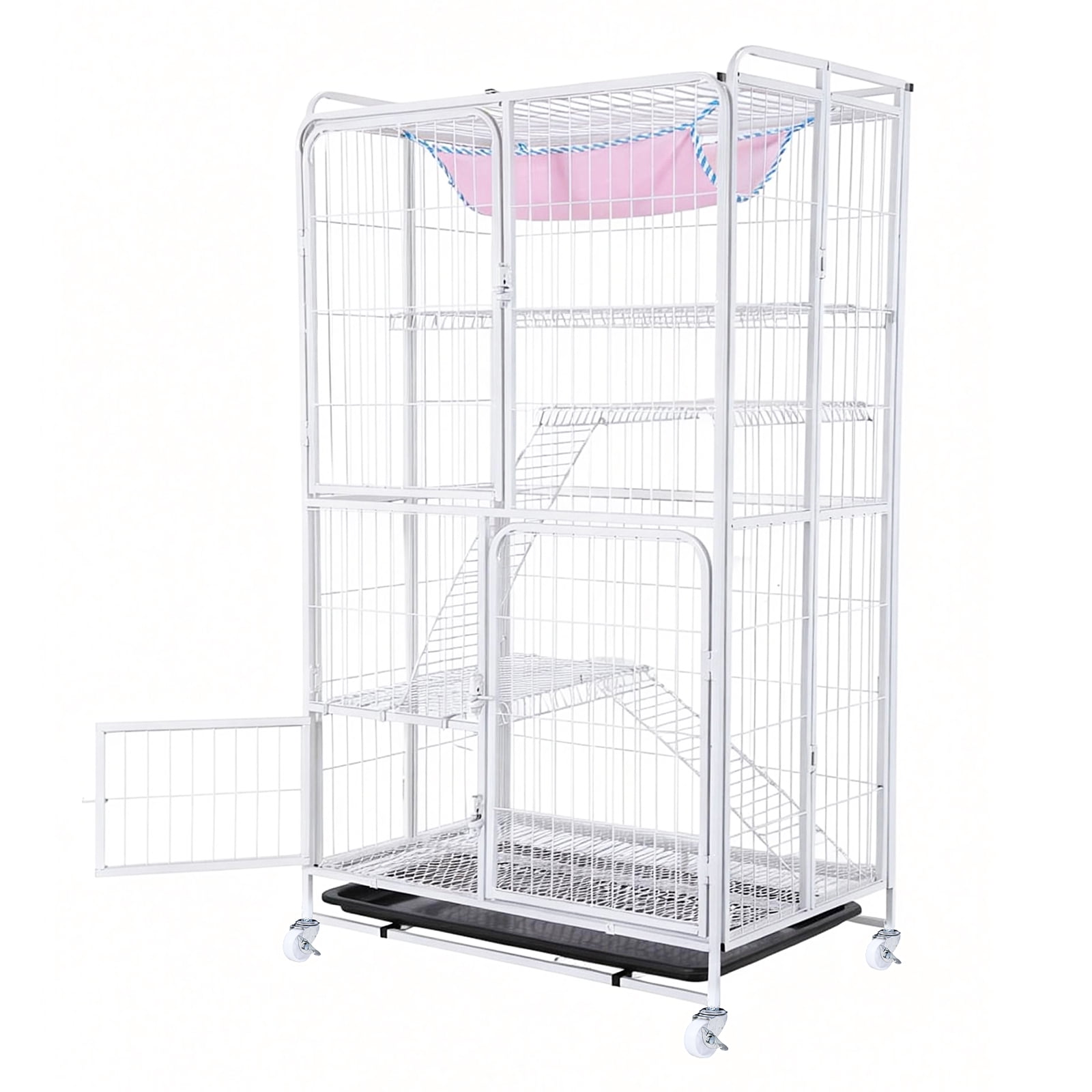 puresly 4-Tier 53.5 Inch Cat Cage Collapsible Cat Crate with Wheels Large Ferret Playpen with Tray Suitable for Kittens And Small Animals