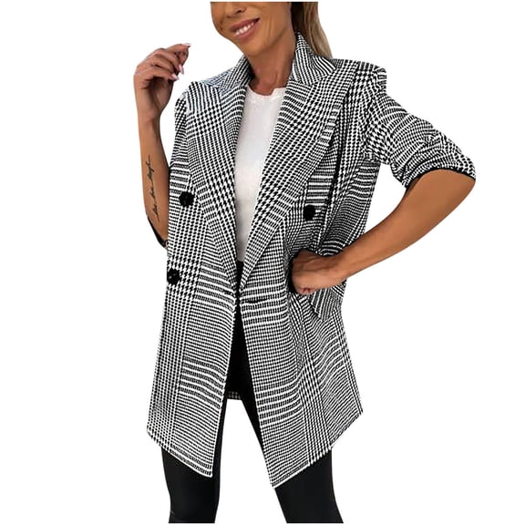 IROINNID Women's Blazer Coat Long Sleeve Plaid Peak Lapel Surplice Neck Outwear, Leisure Business Attire Plaid Cardigan Coat