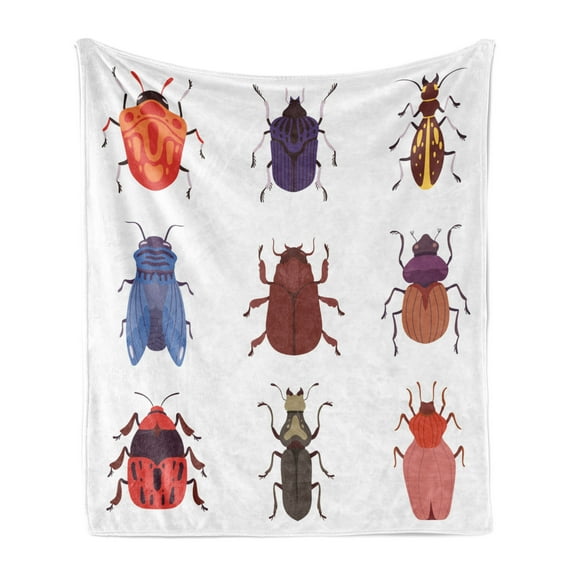 Insects Soft Flannel Fleece Blanket, Bug Fauna Illustration Various Creeping Species in Colorful Cartoon Style Graphic, Cozy Plush for Indoor and Outdoor Use, 50" x 70", Multicolor, by Ambesonne