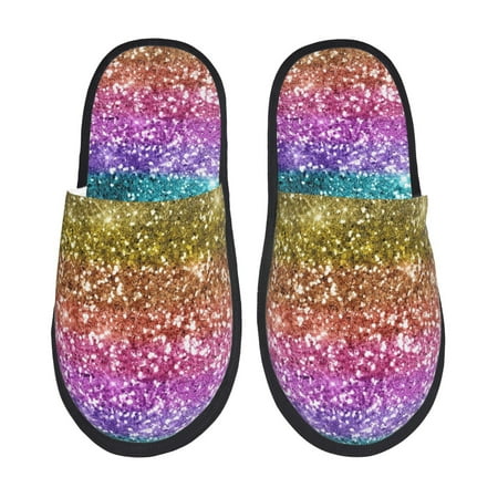 Balery Glitter Rainbow Slient Indoor Furry Fleece Comfort House Shoes Soft Non-Slip Home Shoes Cotton slippers House Slippers-- Large