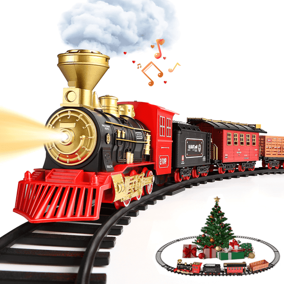 Hot Bee Train Set for Kids,with Steam Locomotive Engine, Cargo Car and Long Track for Toddlers, Train Toys with Steam, Light and Sounds, Christmas Toy Gift for Kids, Boys & Girls 3-12 Years