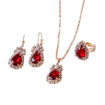 Yesbay 3Pcs/Set Women Water Drop Bright Alloy Rhinestone Pendant Necklace Earrings Ring Jewelry Set for Valentine Day,Red