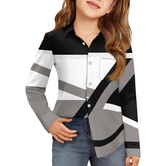 CCRFTGI Uniform Shirts for Kids Girls Causal Back To School Button Up Collared Tops Formal Color block Uniform Classic Fall Uniform Shirt with Pocket White 8-9 Years