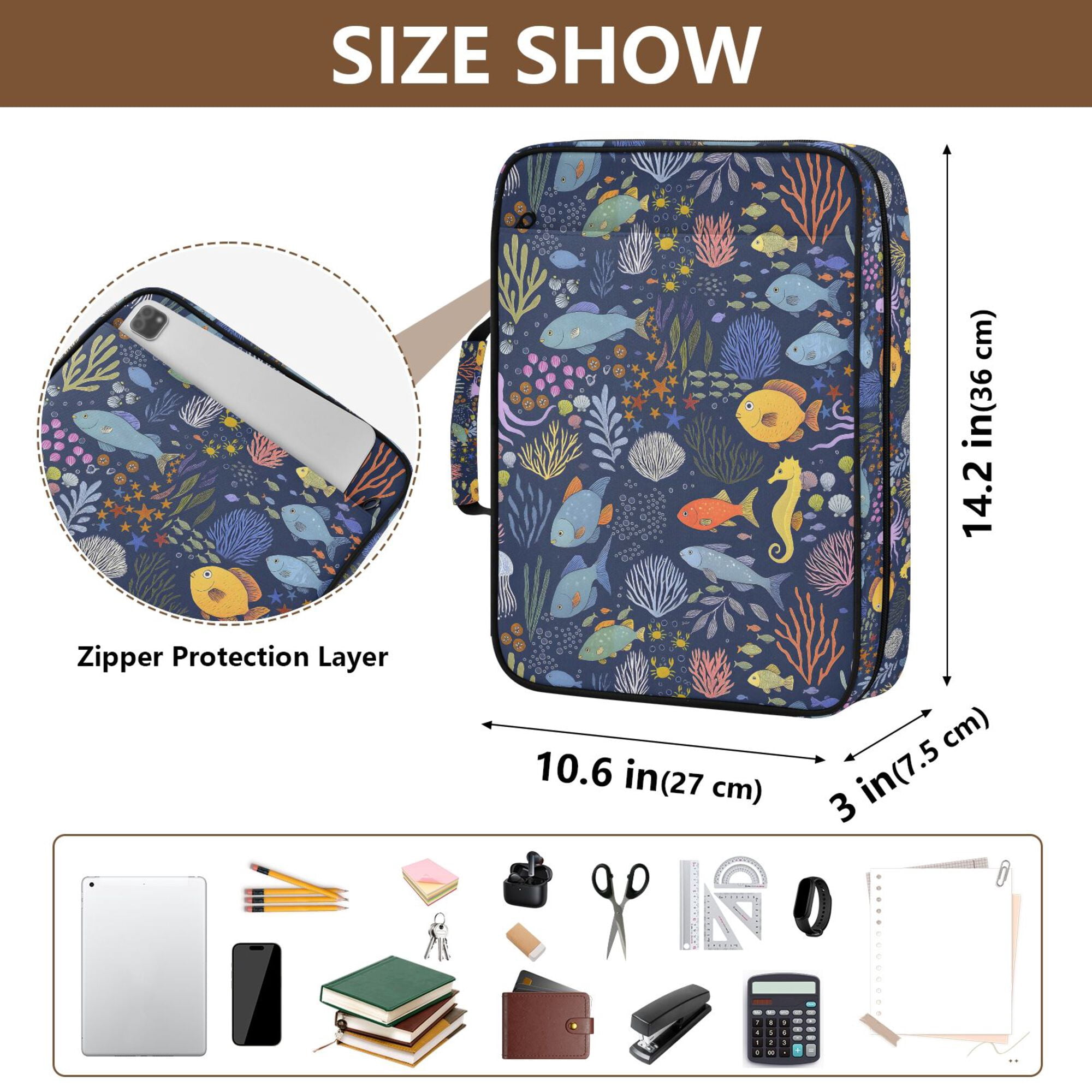 FORMRS Accordion File Folder A4 Size 7-Pocket Expanding Document Organizer Bag with 3 Ring Binder, Cartoon Ocean Pattern