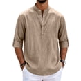 thumbnail image 2 of Evdexr Linen Shirts for Men 3/4 Sleeve Henley T-Shirt 2026 Summer Button Up Vacation Shirt Oversized Collarless Solid Beach Tees 2XL, 2 of 5