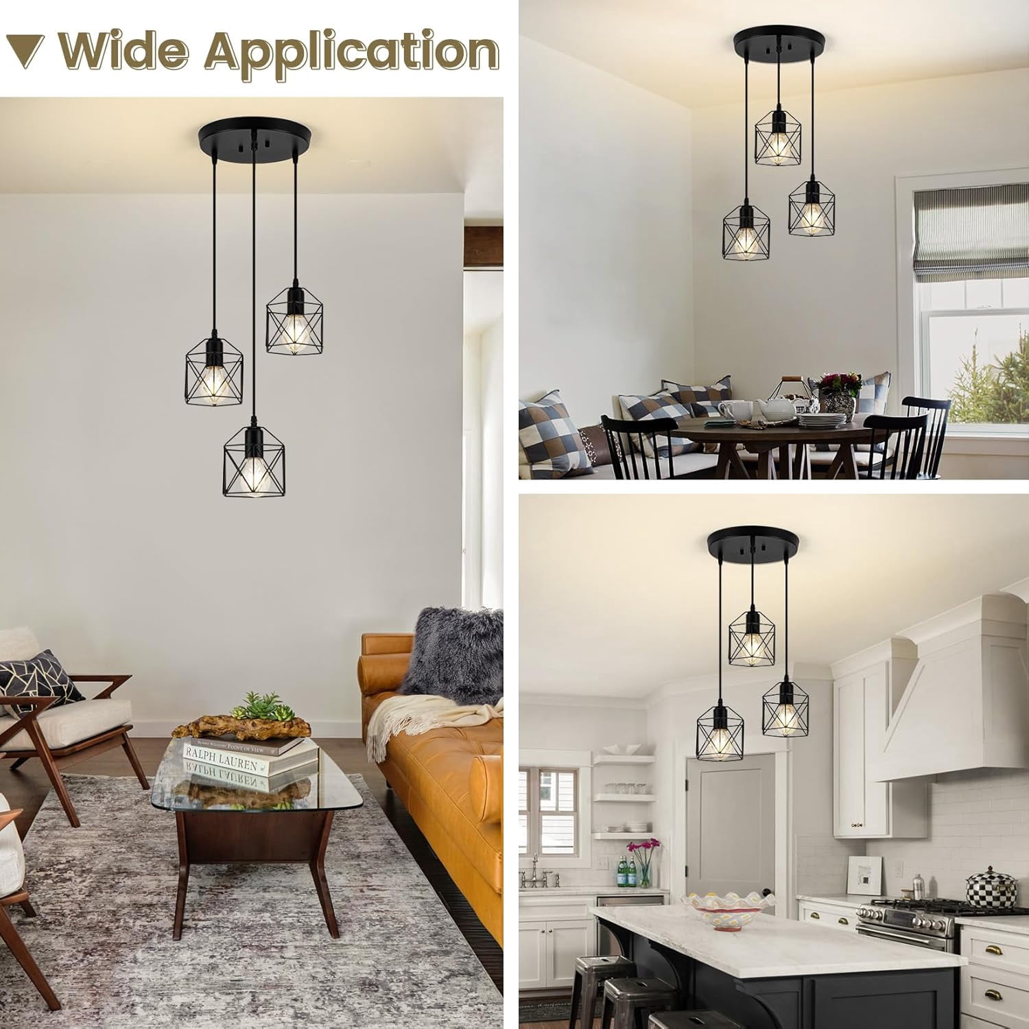 3-Light Pendant Light Fixtures, Farmhouse Hanging Pendant Lighting, Dining Room Chandelier, Industrial Kitchen Island Hanging Light Fixture, Black Metal Cage Pendant Ceiling Lamp for Kitchen