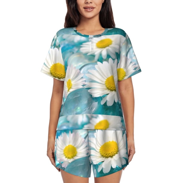 Fotbe Daisy Flowers Conjunto de Pijama Estampado para Mujer, 2 Piezas, Ropa de Dormir con Camiseta de Manga Corta y Shorts Suaves-Large