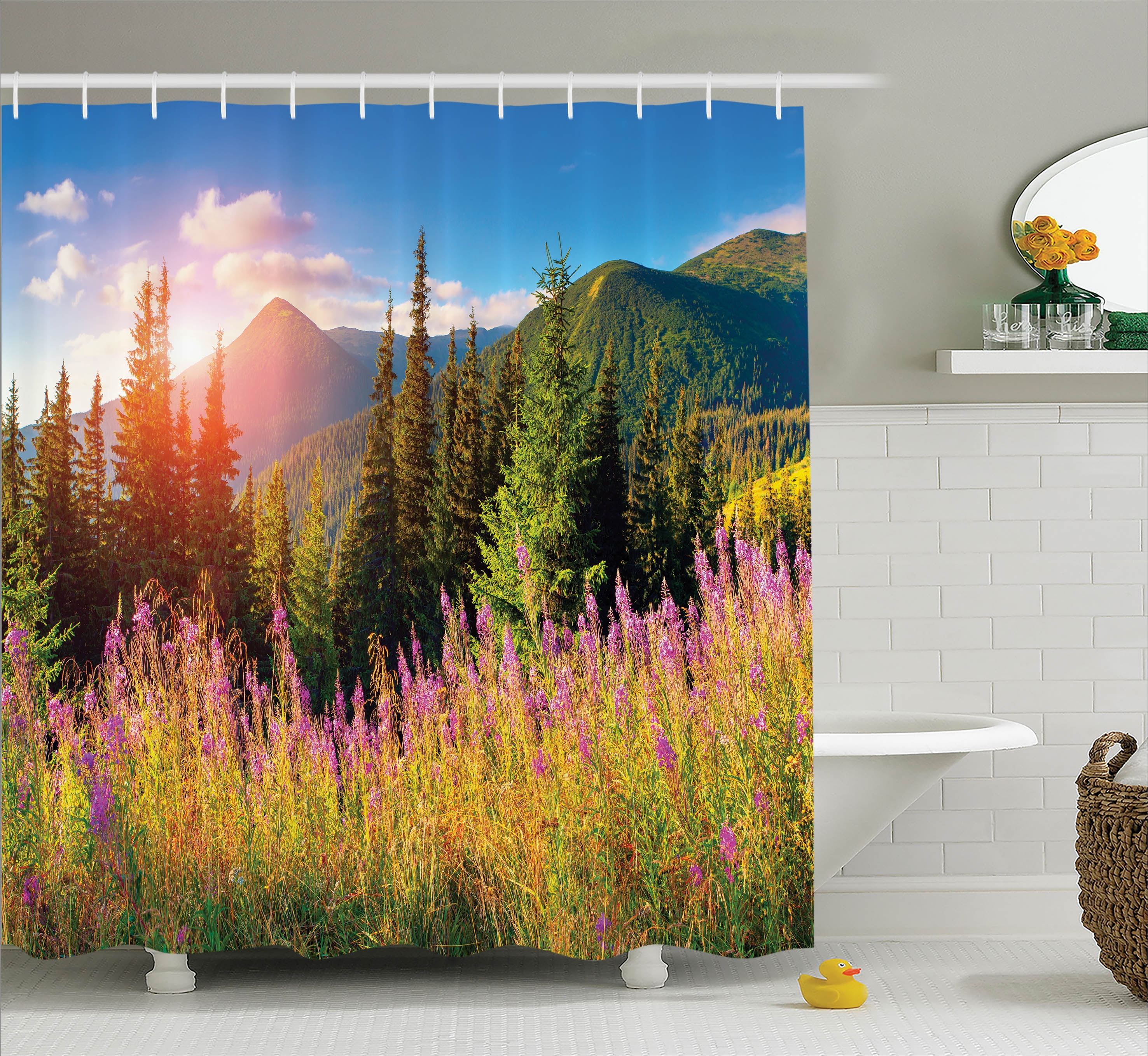 Nature Shower Curtain Set, Fall Season Landscape Picture in Mountains