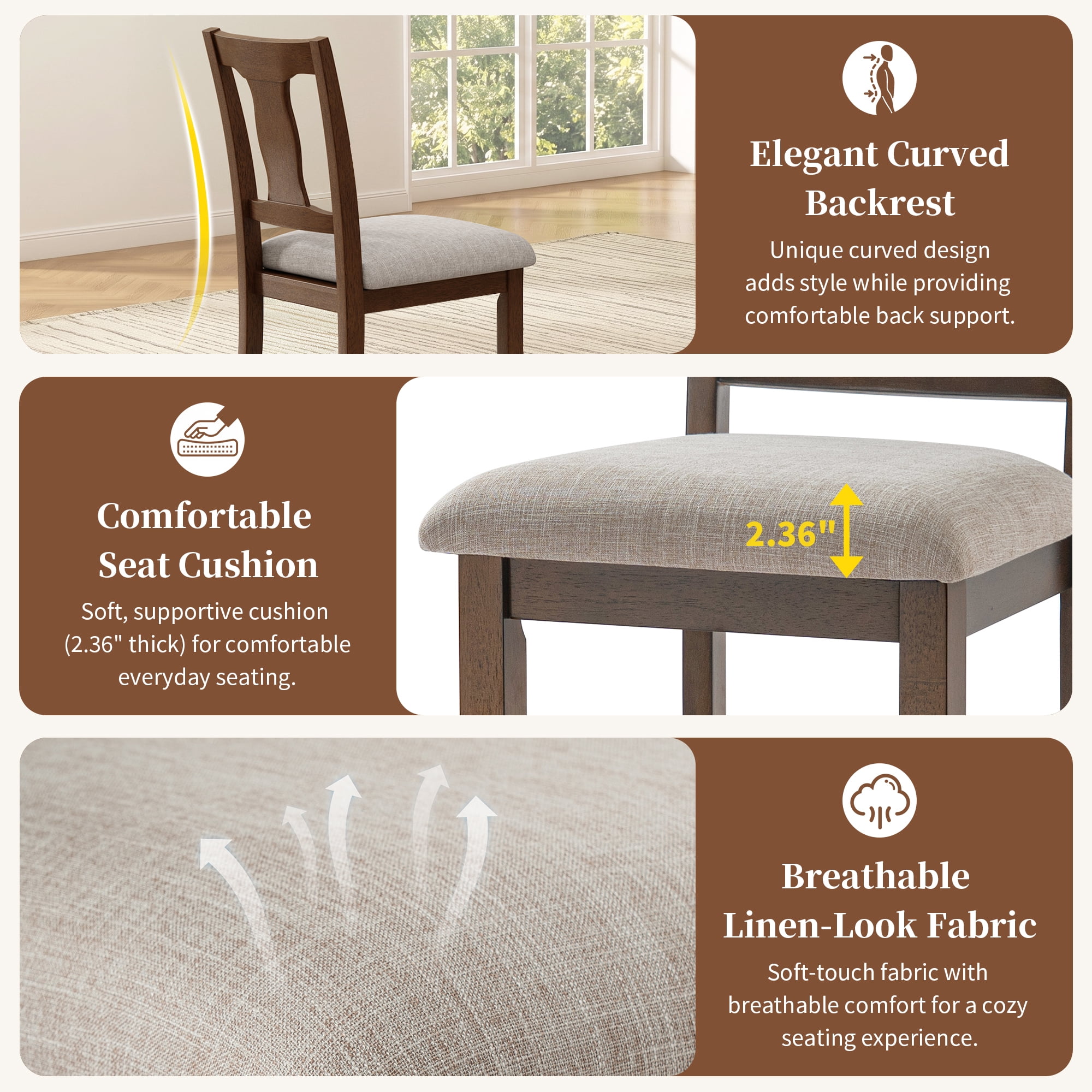 Euroco 5-Piece Dining Table Set for 4, 45.67" Extendable Kitchen Table Set with Drop Leaf and 4 Upholstered Chairs,Dining Room Set for Small Space,Brown