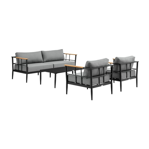 Veyda Aluminum and Teak Wood Outdoor Sofa in Black and Dark Gray