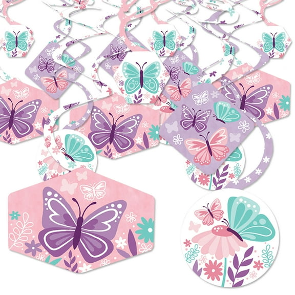 Big Dot of Happiness Beautiful Butterfly - Floral Baby Shower or Birthday Party Hanging Decor - Party Decoration Swirls - Set of 40