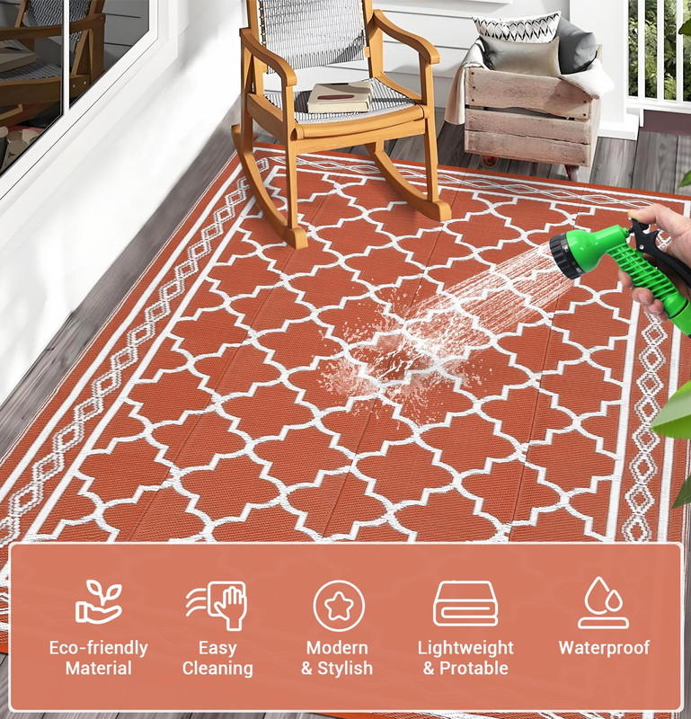 Towallmark 9x12 Outdoor Rug Waterproof, Reversible Plastic Straw Patio Mat with Carry Bag, Portable Camping Rugs for RV Backyard Deck, Easy Cleaning Outside Carpet for Picnic, Orange