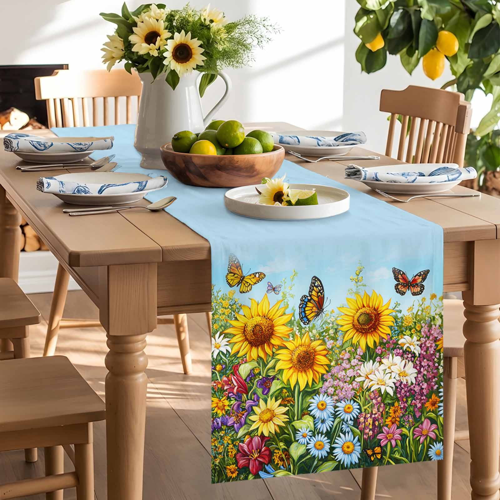 Summer Idyllic Sunflower Daisy Butterfly Table Runner 90 Inches Long, Watercolor Flower Table Runners Tabletop Scarf Kitchen Dining Tables Decoration for Home Party Indoor Outdoor