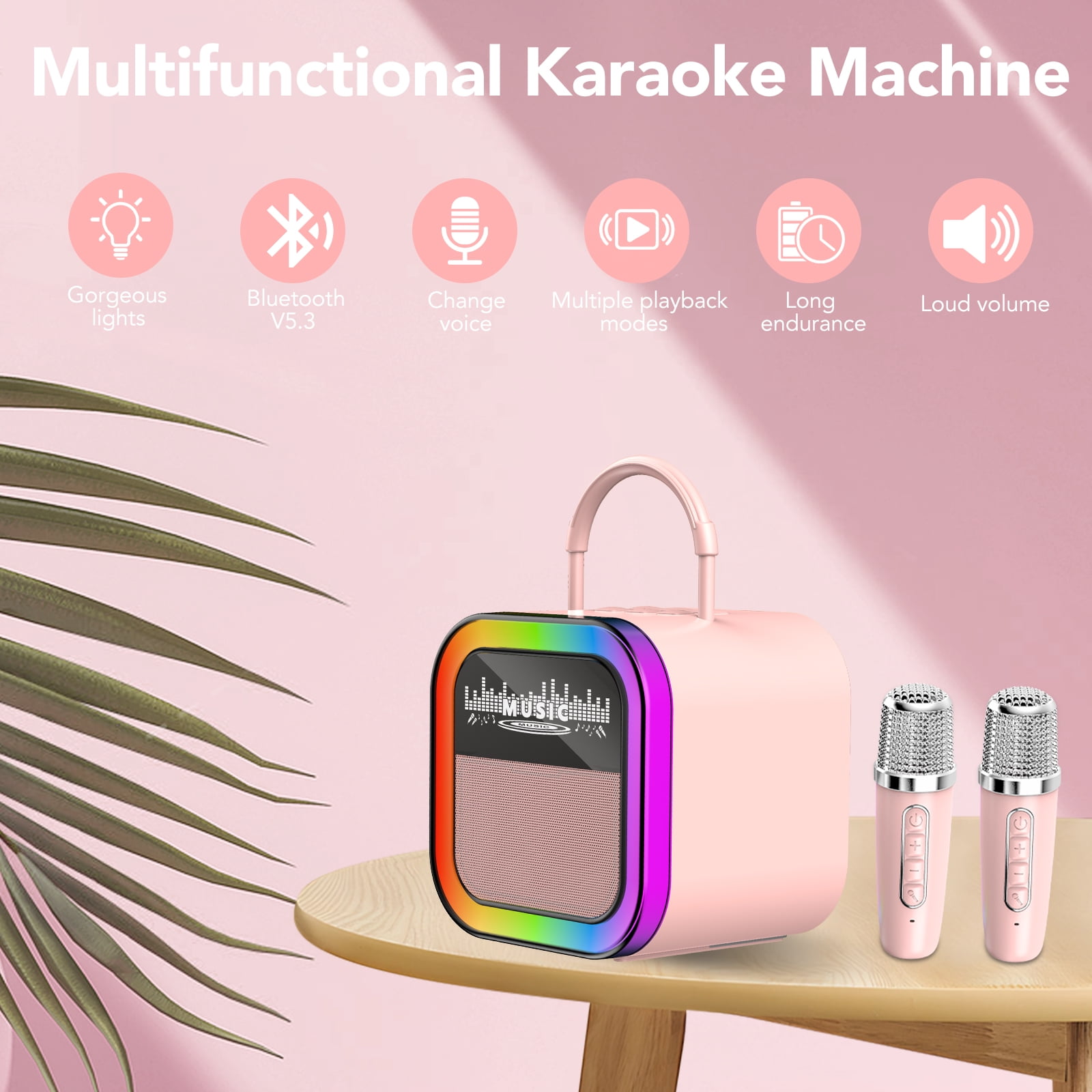 Mini Karaoke Machine for Kids Adults, Portable Bluetooth Speaker with 2 Wireless Microphones, Birthday Gifts for Ages 3-12 Year Old, Voice Changer, Portable Karaoke Machine for Family Party