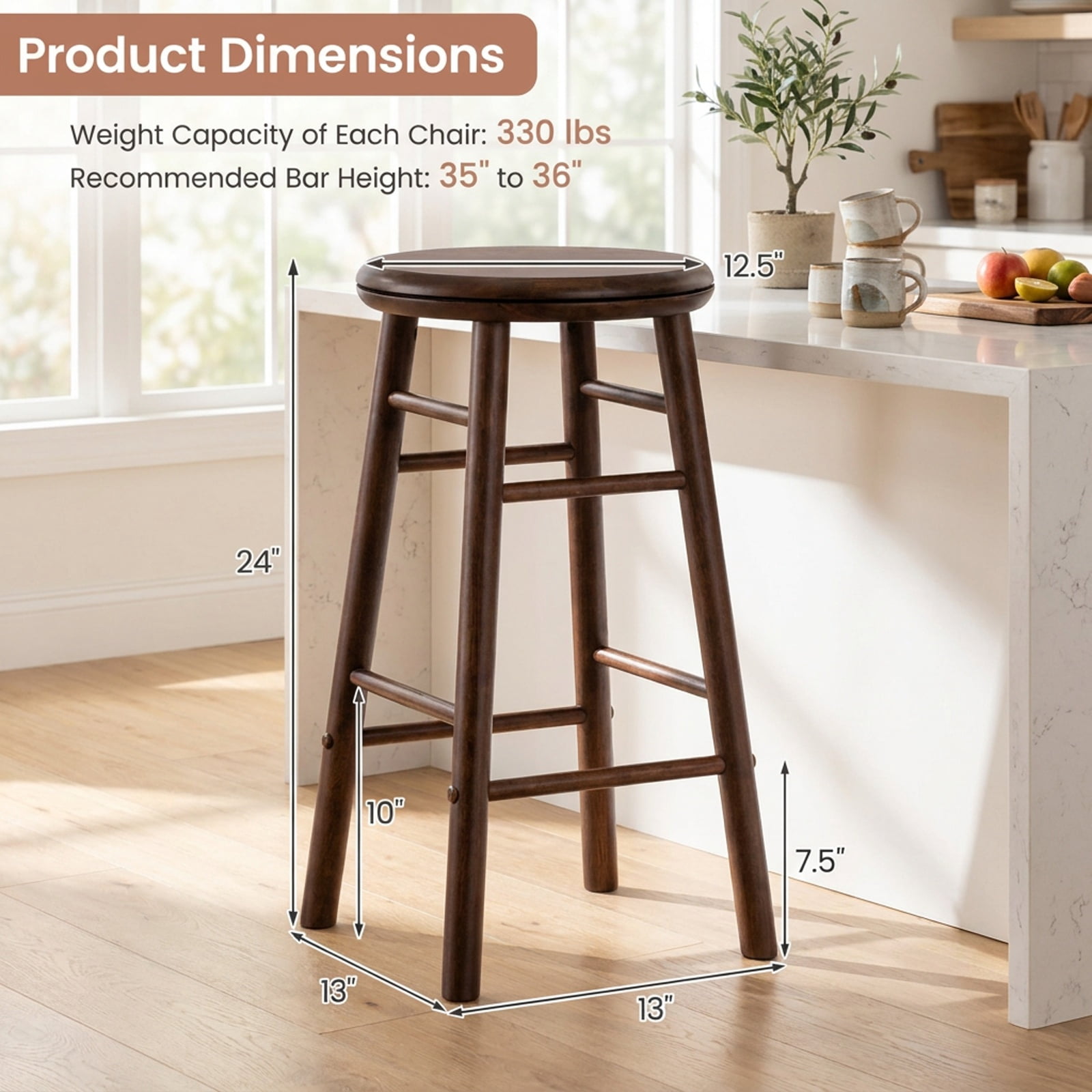 Furnibear 24" Swivel Bar Stools Set of 2 with Footrests & Crossbars for Kitchen Island Counter Bar Pub Dining Home, Walnut