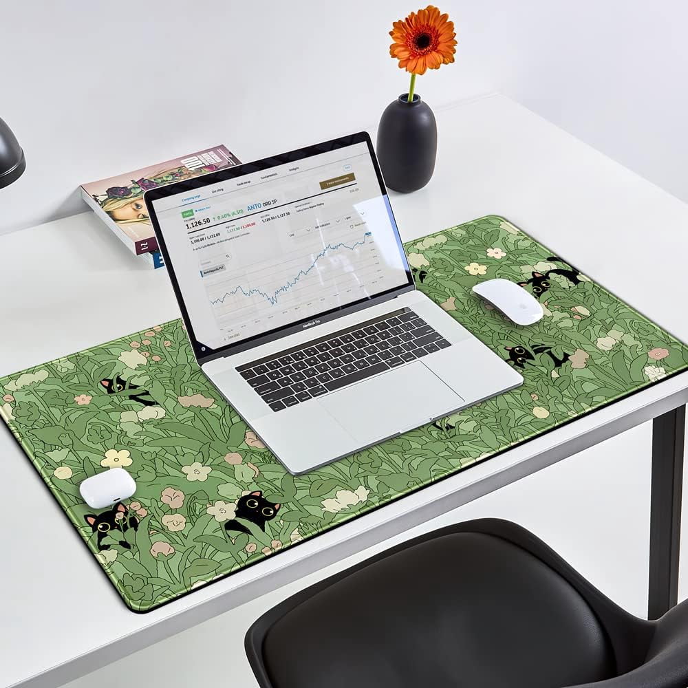 Green Desk Mat XL Cat Cute Plant Cool Desk Pad Keyboard Mat Kawaii Black Cat Flower Mouse Pad Green Desk Mat Desk Decor with Stitched Edges Non-Slip Large Computer Mat 31.5x15.7in