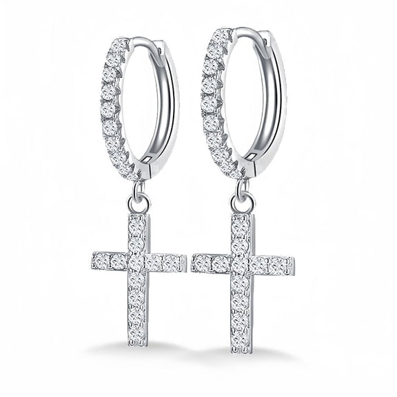 KIJ Hypoallergenic Cross Moissanite Hoop Dangle Earrings,Rhodium Plated 925 Sterling Silver Cross Earrings Gra Certified Gifts for Men Women