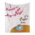 thumbnail image 1 of Coffee Time Soft Flannel Fleece Throw Blanket, Cartoon of Japanese Spring Cherry Blossom Branches and Drink Cup Print, Cozy Plush for Indoor and Outdoor Use, 50" x 60", Multicolor, by Ambesonne, 1 of 5