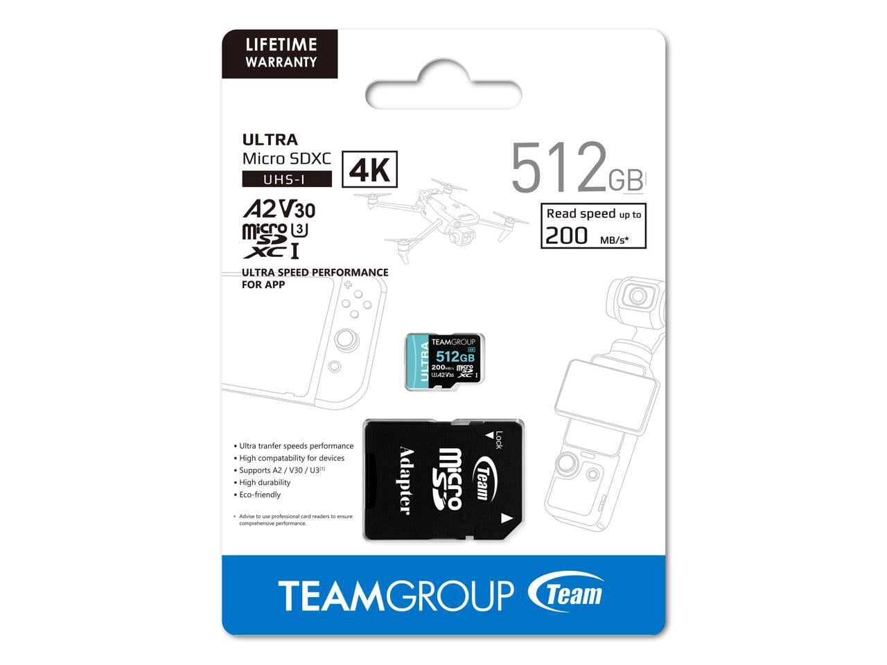 Team 512GB Ultra-Fast microSDXC UHS-I/U3 Memory Card with Adapter, compatible with Nintendo-Switch, Steam Deck, and ROG Ally, Speed Up to 200MB/s (TULMSDX512GIA2V3022503)