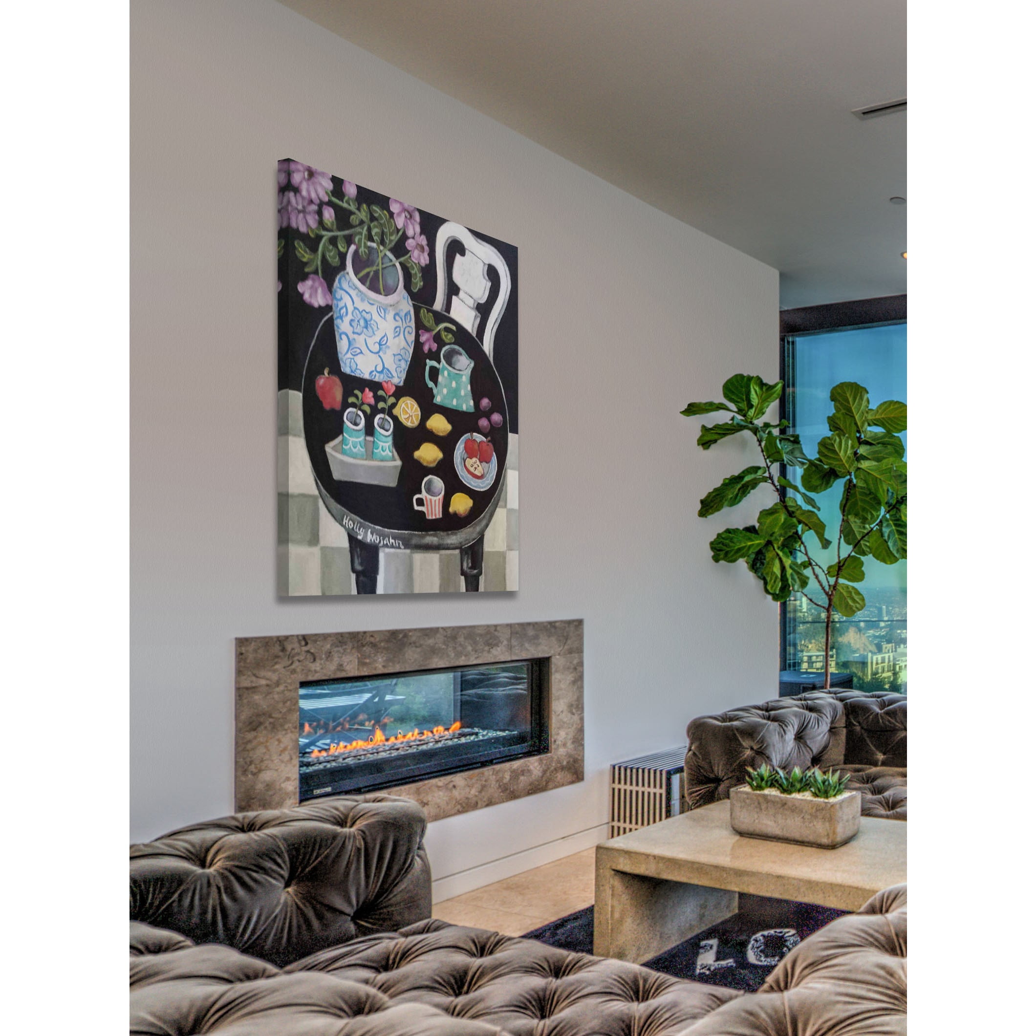 Marmont Hill "Fruit and Flowers on Black Table" Painting Print on Canvas