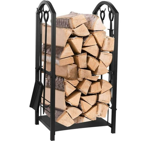 Log Holder With Tools Juvale Firewood Rack with 4 Fireplace Tools - Fireplace Log Holder for Indoor and Outdoor Use, Iron Fire Log Holder Storage Set Includes Brush, Shovel, Poker, and Tongs, 15 x 29 x 13 Inches ()