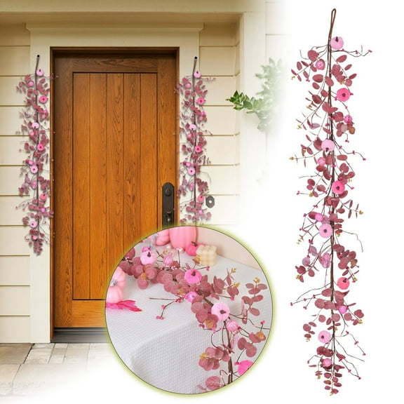 Pink Pumpkin Garland 68 Inch Halloween Decorations with Artificial Maple Leaf Vines, Thanksgiving Fall Hanging Garlands for Mantle Fireplace Porch Wall Table Tree Party Holiday Home Decor