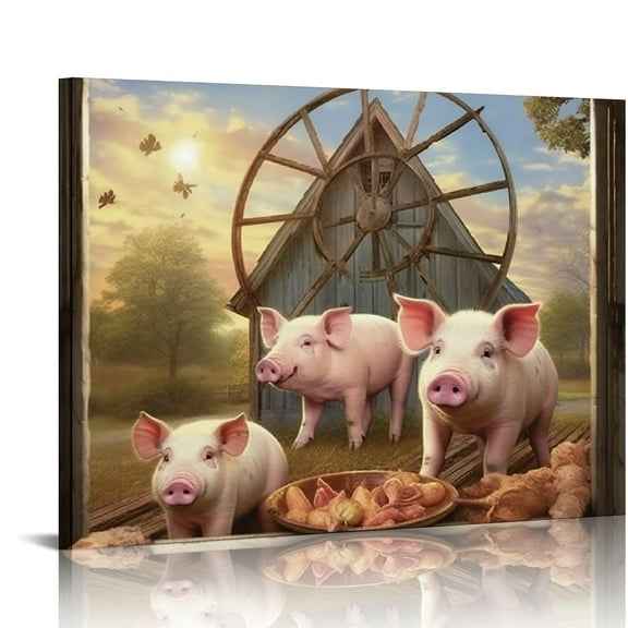 ARISTURING Farm Pig Wall Art Window Simply Blessed Cute Pigs Pictures Wall Decor Farmhouse Animal Pig Canvas Print Painting Rustic Funny Pig Decor Artwork For Bedroom Living Room Framed Ready to Hang