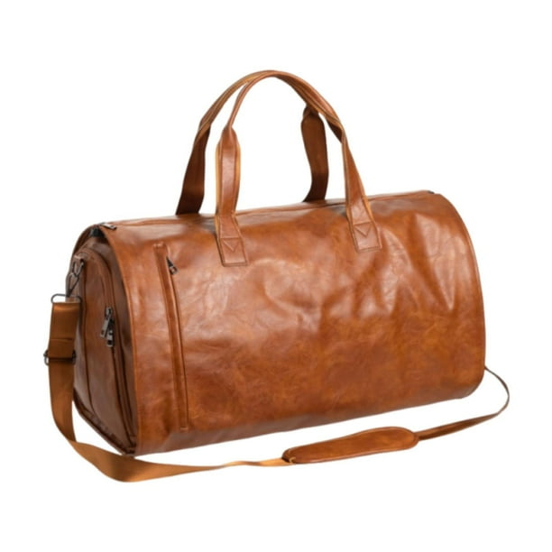 Bolsa de lona para ropa con compartimento para zapatos, bolso de fin de semana para hombres y mujeres, portátil Cuero marrón PU