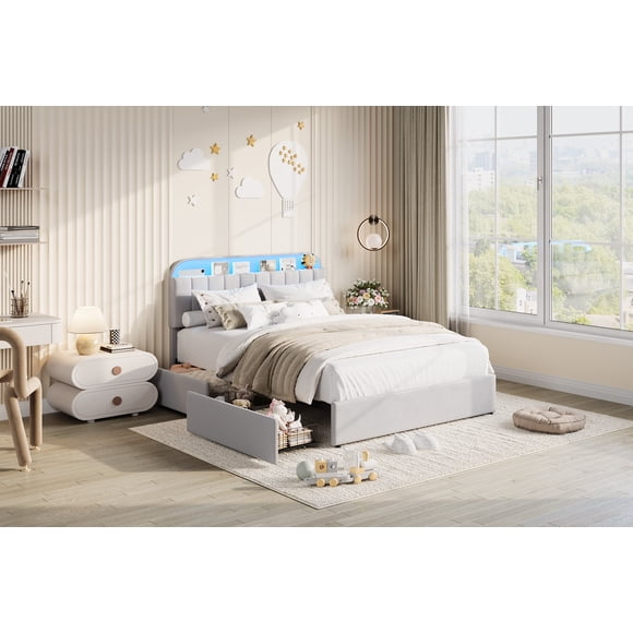 Cadre de Lit avec Tête de Lit de Rangement, Cadre de Lit pour Enfants avec 2 Tiroirs, Cadre de Lit Plateforme Rembourré en Velours avec Lumières, Aucun Sommier Requis, Assemblage Facile