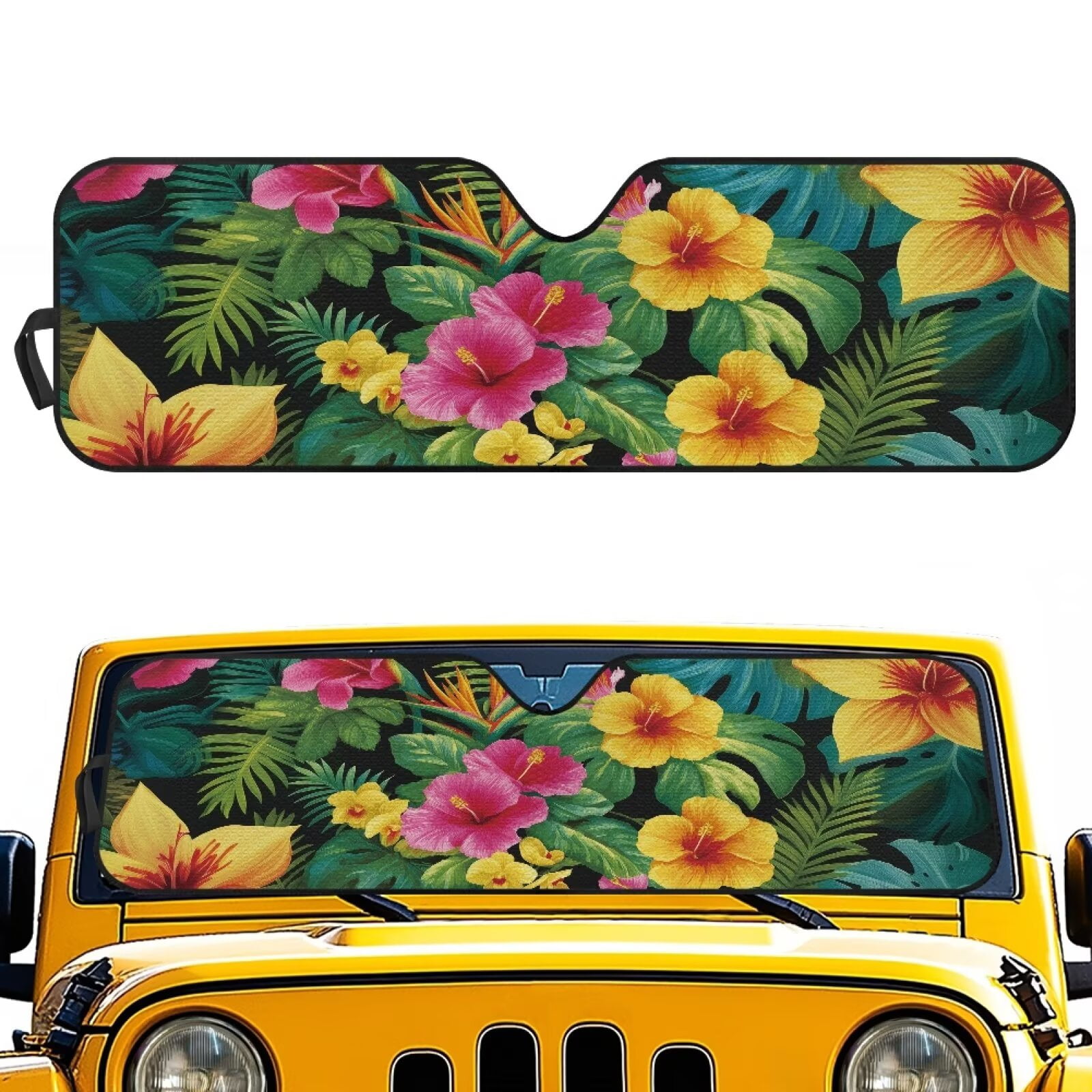 Uorisanigo Car Windshield Sun Shade Compatible with Jeep Wrangler JL JLU 2018-2025 / Jeep Gladiator 2020-2025 Accessories, Window Hawaiian Hibiscus Print Sunshade Keep Car Interior Cooler