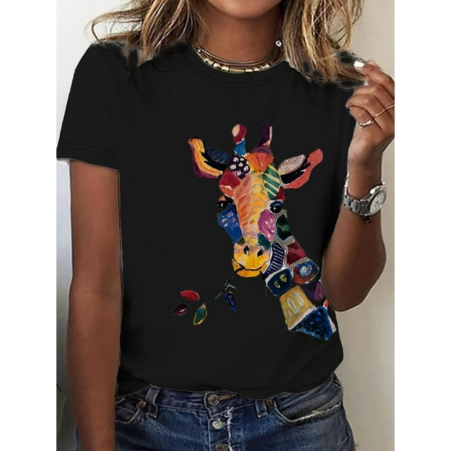 Colorful Giraffe Print, Short Sleeve Crew Neck T-shirt, Casual Top for Spring & Summer, Women's Clothing Tee Tee For Adult, Men, Women, Teen, Teenager, Adolescent, Youth