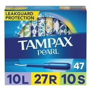 Tampax Pearl Tampons Trio Multipack with LeakGuard Braid, Light/Regular/Super Absorbency, 47 Ct