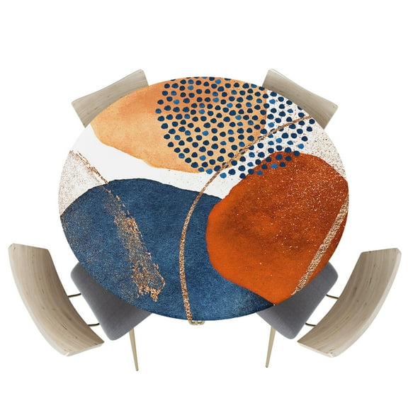 Fitted Round Tablecloths Table Covers 55-60in,Geometric Orange Blue Color Block Waterproof Elastic Edged Table Cloth for Kitchen Dining Holiday Party Tables Decor,Modern Abstract Gold Stripe
