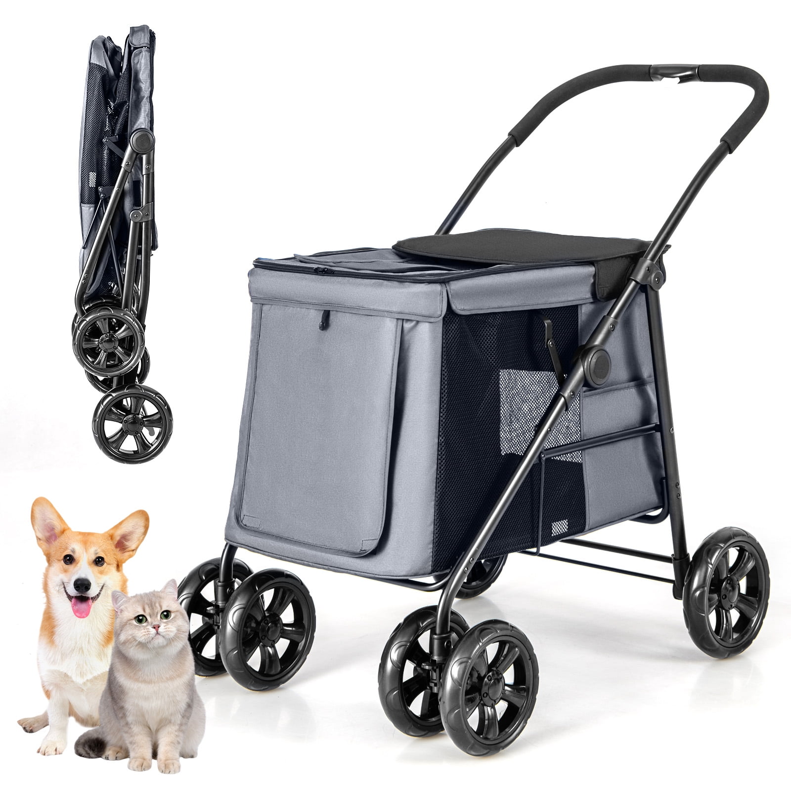 Petsite 4 Wheel Folding Pet Stroller with Breathable Mesh for Small Medium Pets Gray Walmart