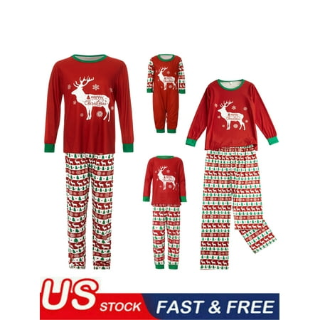 

Christmas Family Matching Pajamas Set Snowflake Deer Print Long Sleeve O-neck Pullover Striped Trousers