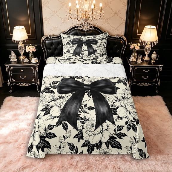 Manfei Black Ribbon Bowtie Twin Sheet Sets 3pcs for Kids Girls,Chic Floral Vintage Flowers Bedding for Teens Female,Breathable Home Decor