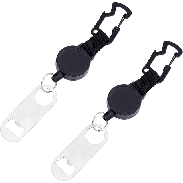Abridor de botellas retráctil, 2 llaveros con clip para cinturón, mosquetón multiherramienta y 2 abridores de botellas de acero inoxidable.