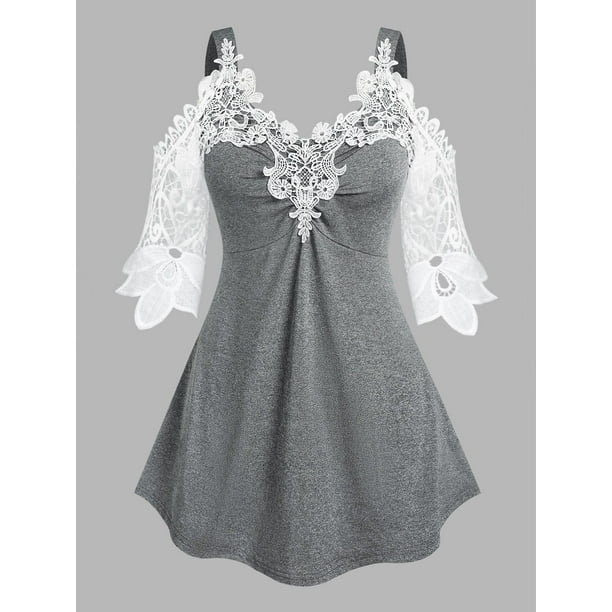 Camiseta Talla Extra Panel Encaje Fruncido Rosegal Camisetas tallas grandes