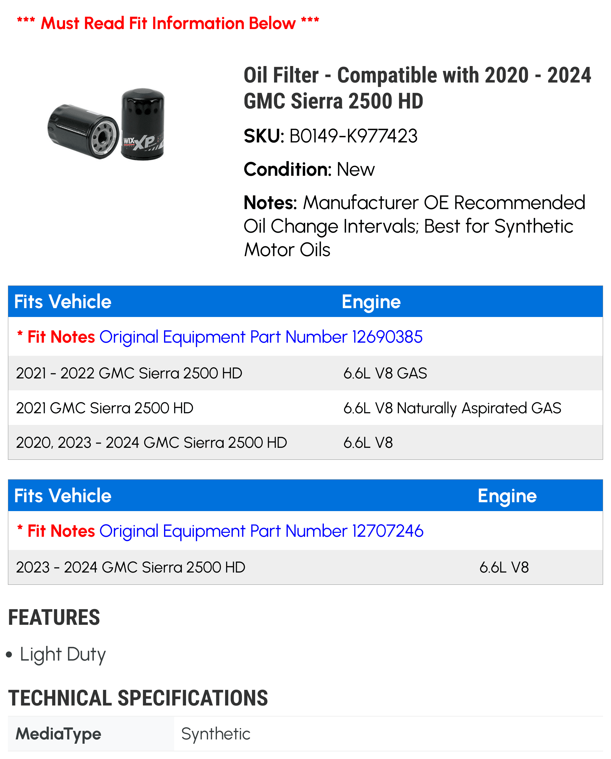 Oil Filter - Compatible with 2020 - 2024 GMC Sierra 2500 HD 2021 2022 2023