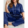 thumbnail image 4 of DAKIMOE Silk Satin Pajamas Set for Women Two-Piece Short Sleeve Shirt with Long Pajama Pant Set Soft Button Down Loungewear Nightwear Pjs for Women L-3XL, Navy, XL, 4 of 6