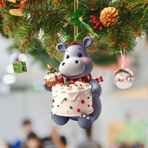 3.14 Inch Acrylic Cute Hippopotamus Chirstmas Tree Hanging Ornament 2D Rustic Xmas Hippo Pendant with Cake and Baubles Animal Car Rear View Mirror Charm for Window Wall Home Bithday Party Xmas Decor