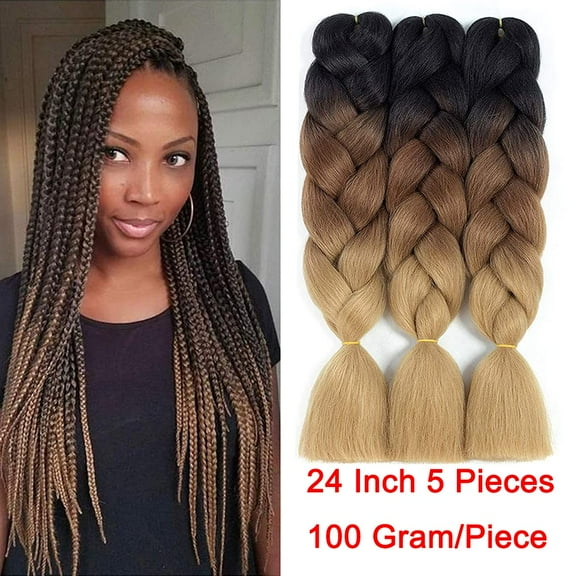 WEIF-Ombre Braiding Hair Synthetic Jumbo Braiding Hair Extensions 24 inch High Temperature Heat Resistant Fiber Braids Hair for Afro Twist Crochet Hair Weave (3 Pieces, Black/Dark Brown/Light Brow