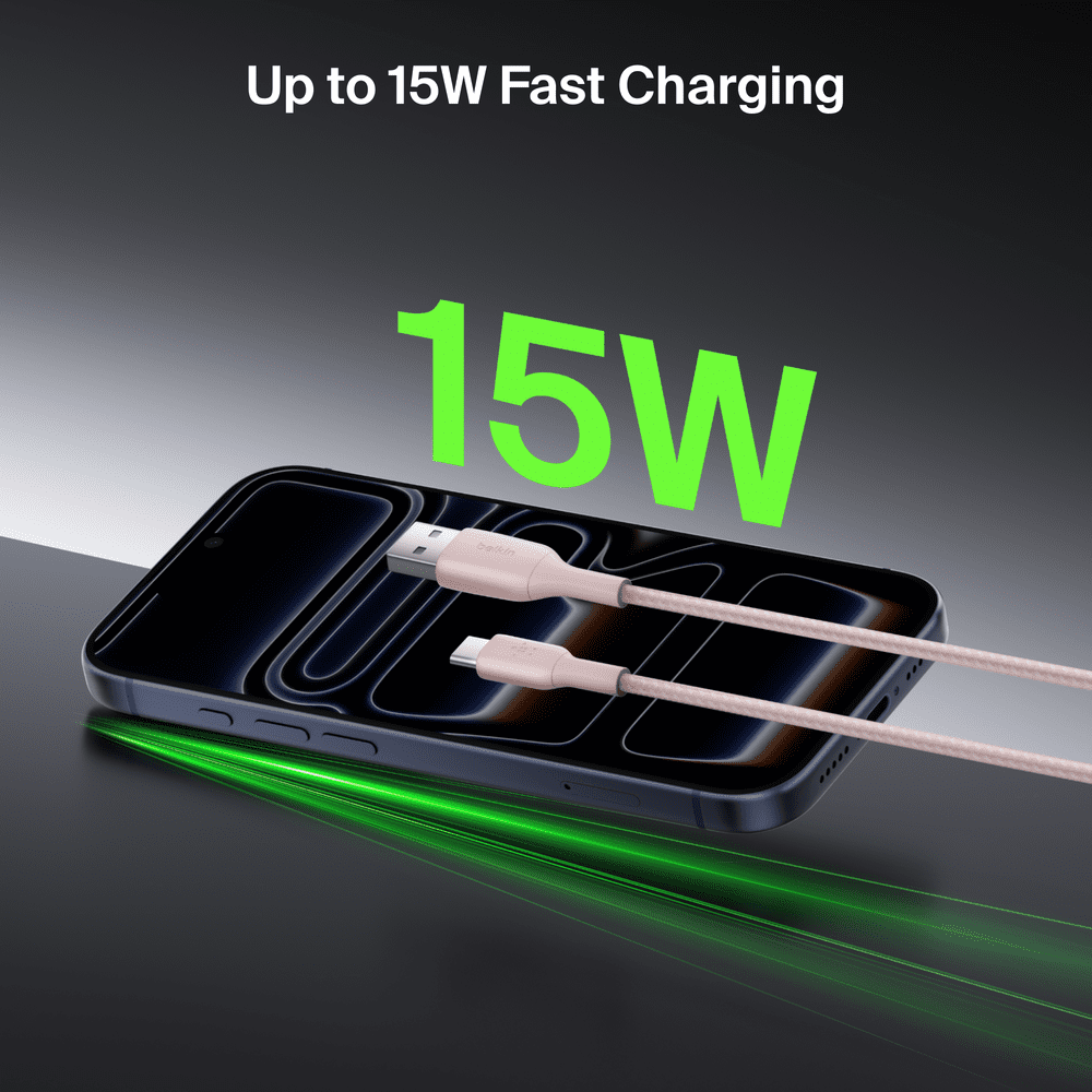 Belkin BoostCharge Braided USB-C Cable (5ft) for iPhone 16, 15, Galaxy S25, S24 & More - Rose Gold