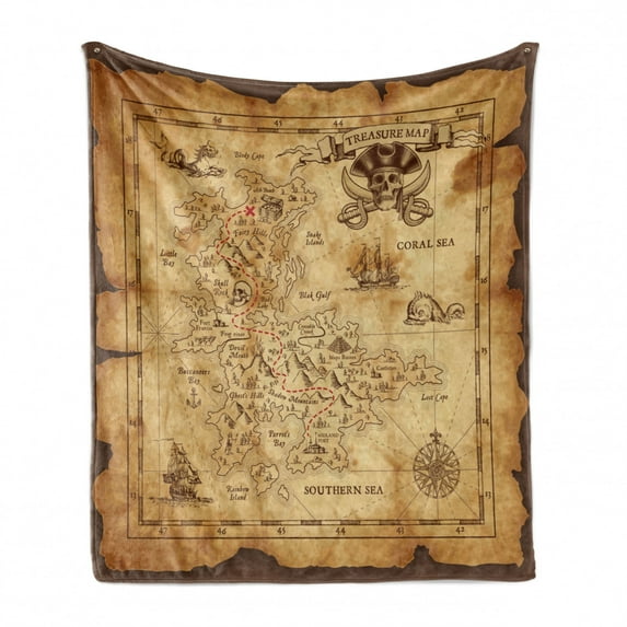 Island Map Soft Flannel Fleece Blanket, Super Detailed Treasure Map Grungy Rustic Pirates Gold Secret Sea History Theme, Cozy Plush for Indoor and Outdoor Use, 70" x 90", Beige Brown, by Ambesonne