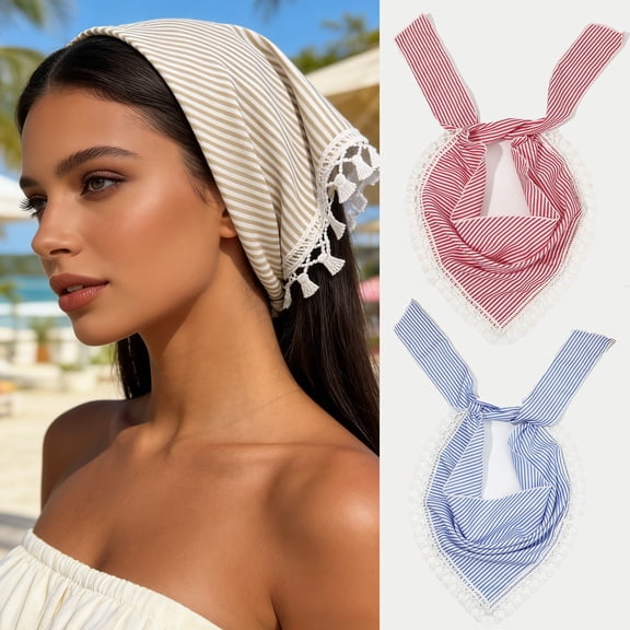 Helii Striped Lace Triangle Head Scarf for Women – Self Tie French Vintage Boho Bandana, Lightweight Polyester Tassel Head Wrap for Spring Summer Music Festival Beach Gift Blue,One Size