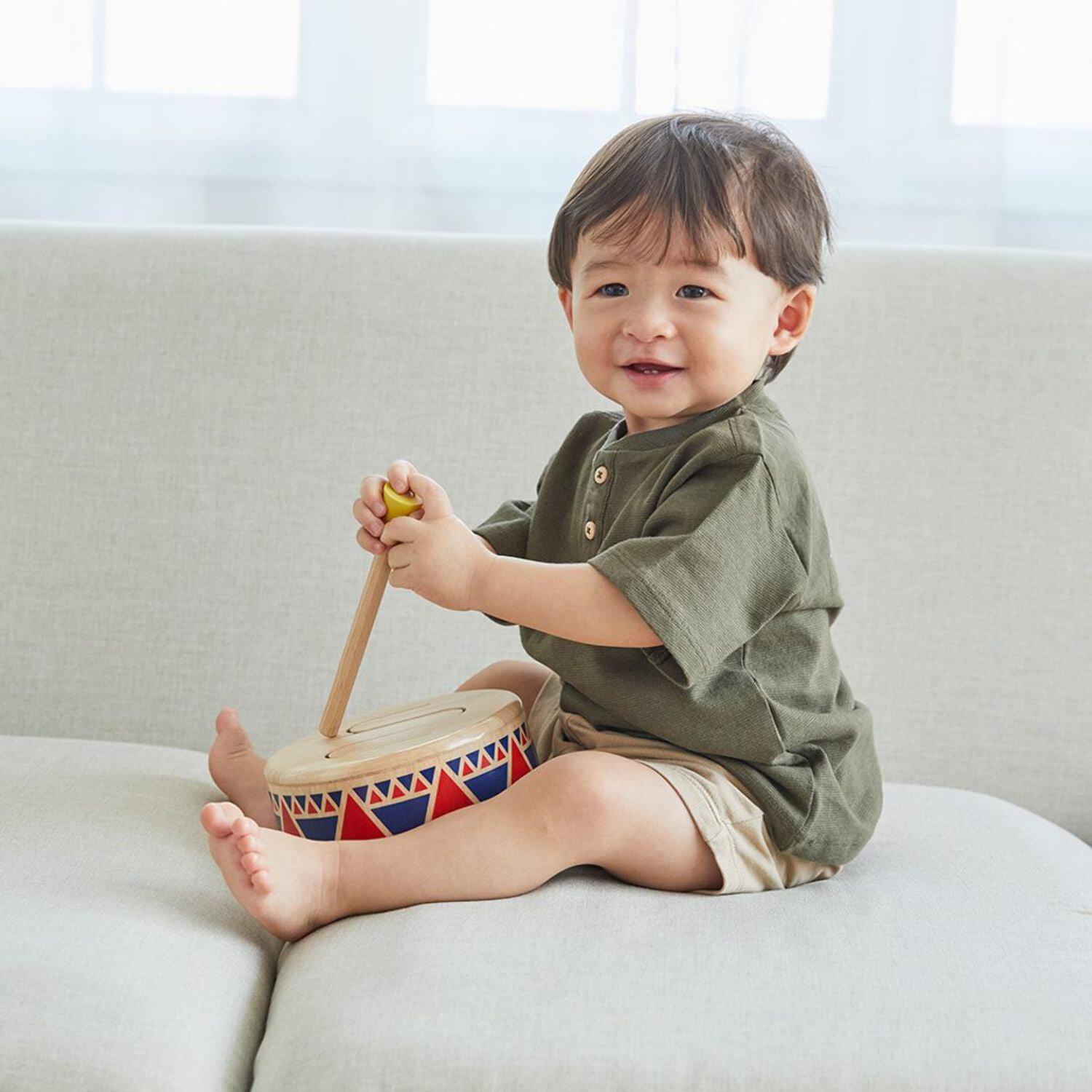 PlanToys® Solid Drum Wooden Musical Toy for Toddlers | Pretend Play Instrument for Kids | Eco-Friendly Percussion Toy for Coordination, Creativity & Early Learning Development