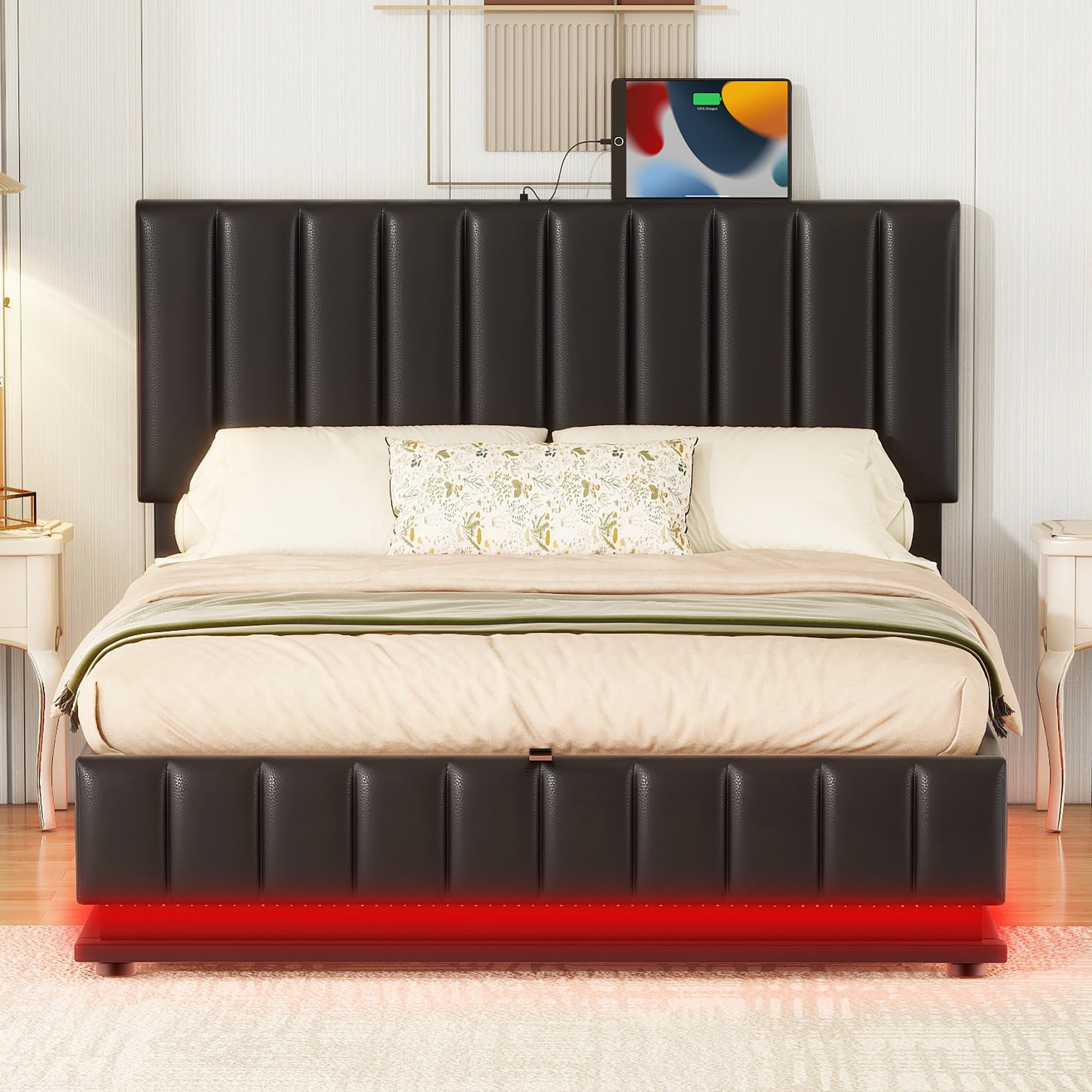 Euroco Full Size Lift up Storage Bed Frame, Modern Upholstered Platform Bed with Wingback Headboard, Hydraulic Underneath Storage with LED Light for Kids Teens, Black