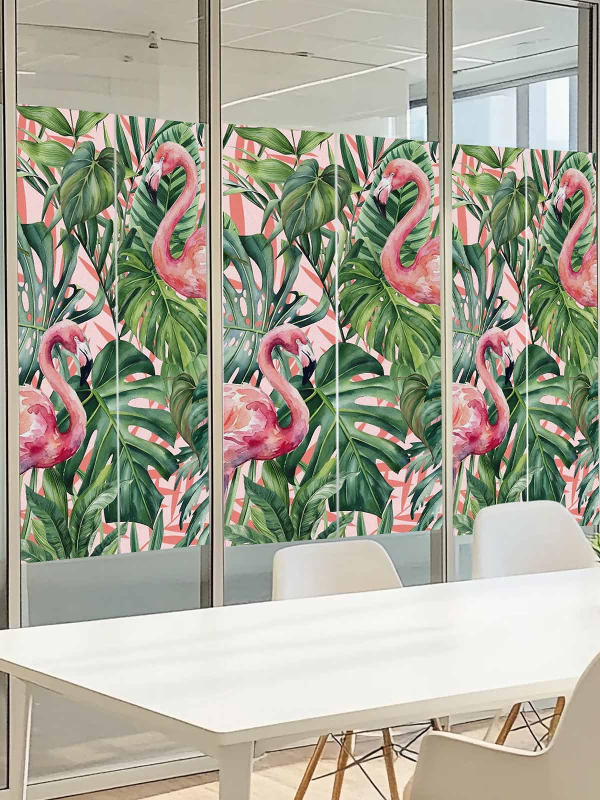Pink Flamingo Window Privacy Film, Country Tropical Animal Green Monstera Leaf Plant Farm Frosted Glass Window Clings Static Cling UV Heat Blocking Reusable Door Sticker for Bathroom 23.6 x 59 Inch